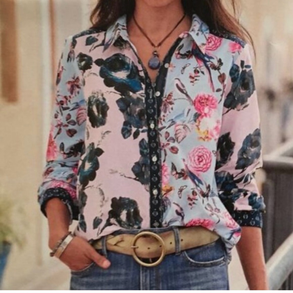 Sundance Floral Button Down Patchwork Boho Shirt,… - image 1